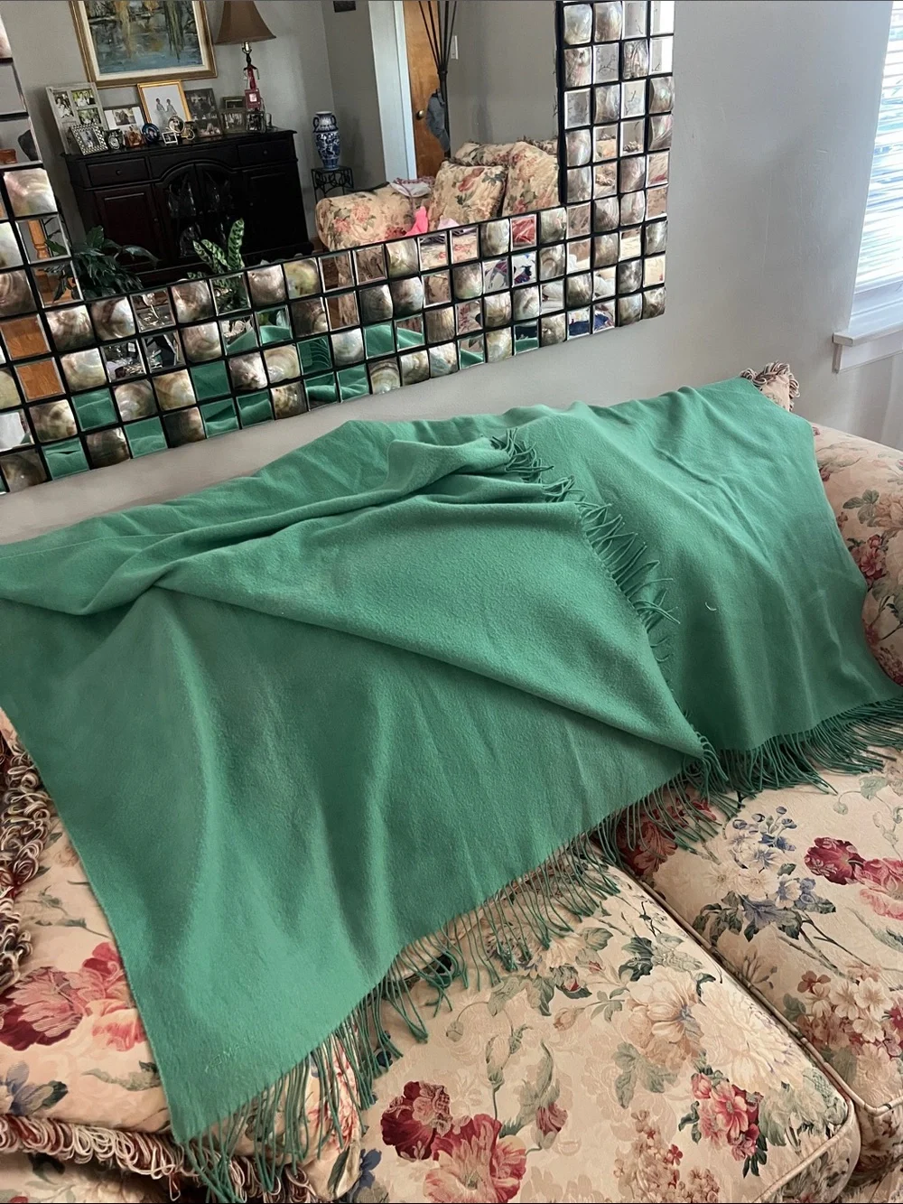 Hermes - Teal/greenish Cashmere-Wool Fringe Scarf/blanket